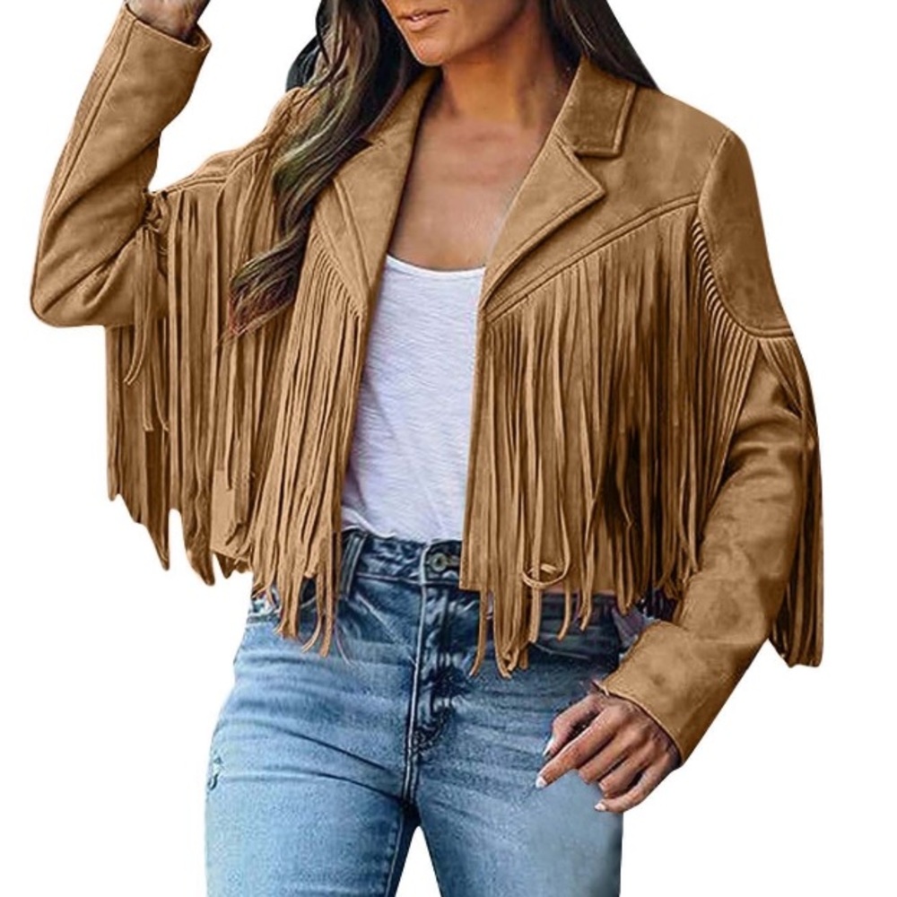 Brown Fringe Faux Suede Leather Cowboy Style Long Sleeve Coat - Picture 1 of 14